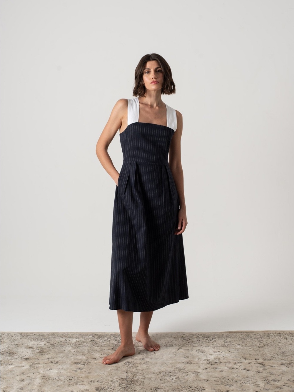 Luxmii Gessato Midi Dress Navy Pinstripe Size Medium